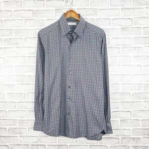 Ermenegildo Zegna Men's Button up Shirt in Blue gray multi check Size Large